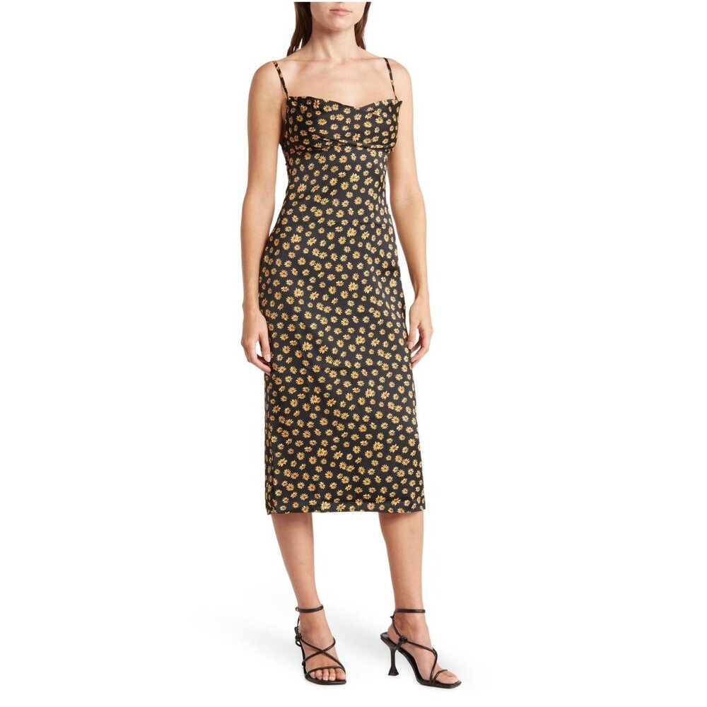 2/$30 WeWoreWhat Black and Yellow Ditsy Daisy Silky Cowl Neck Midi Dress #A1210